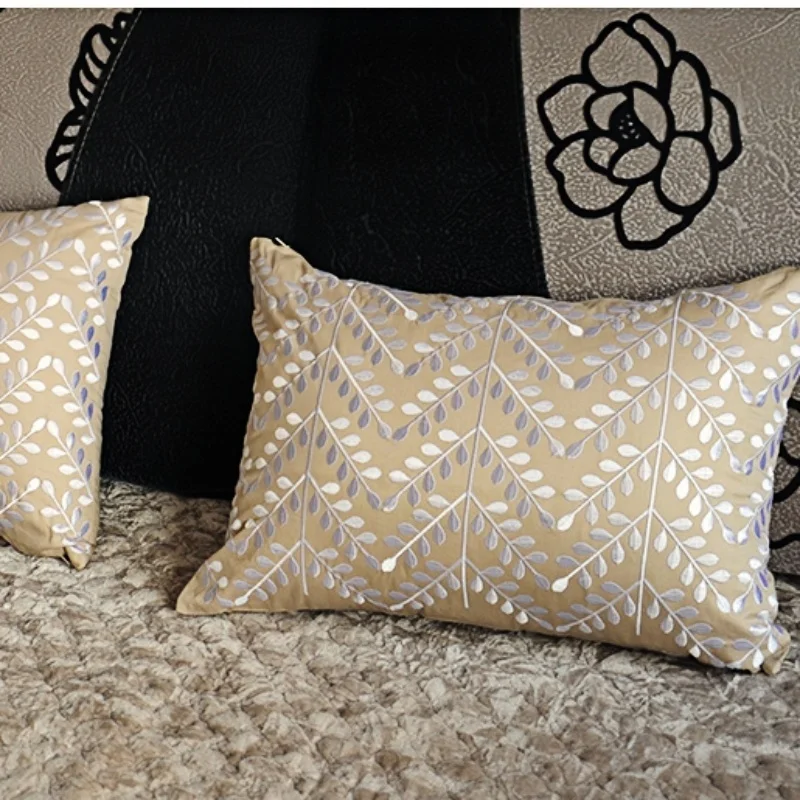 

Светлая наволочка цвета хаки с вышивкой серебряного листа, наволочка из чистого хлопка, наволочка, декор для дивана
