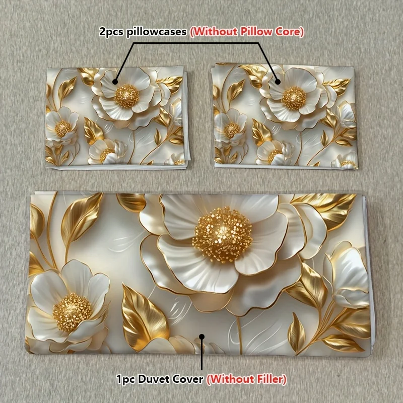 3pcs Golden Golden Edge Flower Quilt Set (1 Duvet Cover + 2 Pillowcases, Coreless) White 3D Carved Series High Definition
