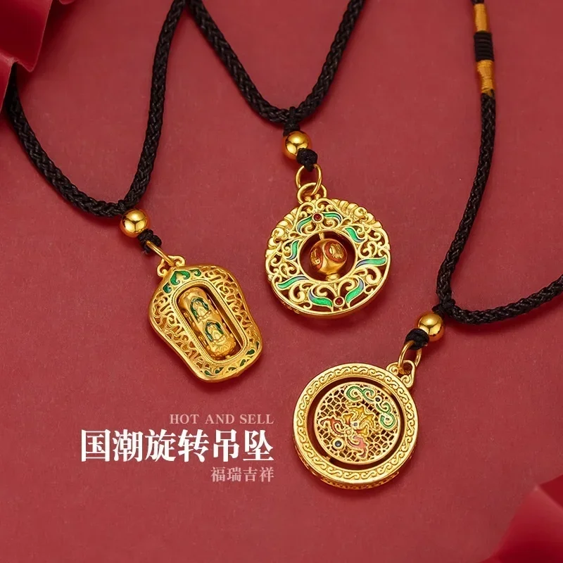 

A-chic Blue Pendant 100% Plated Real 999 Gold 18k National Burnt Auspicious Cloud Fortune Revolving Necklace Guanyin (male and f