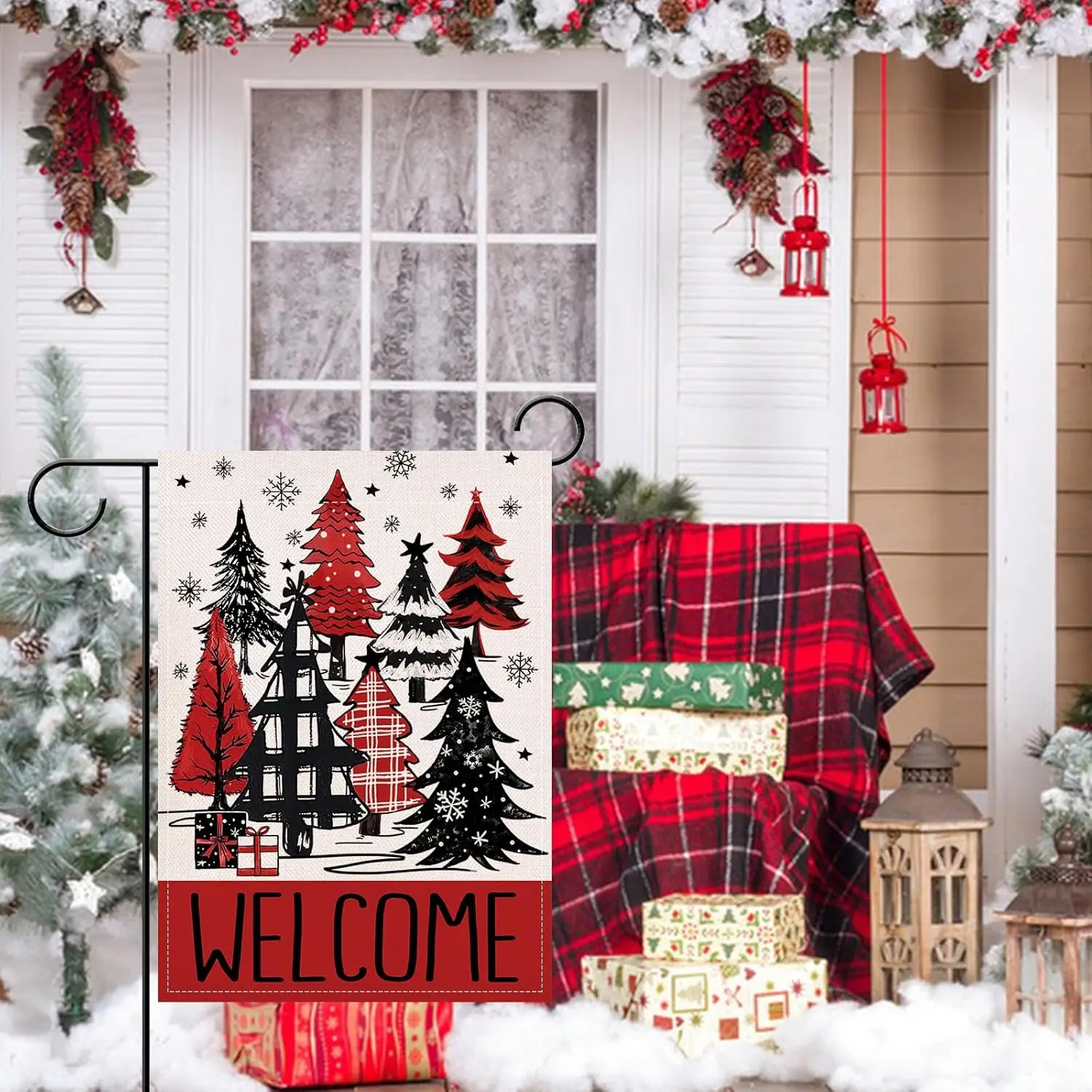 Artofy Welcome Christmas Tree Small Decorative Garden Flag, Red Black Xmas Gifts Snowflake Yard Lawn Outside Decor, Winter H zzo