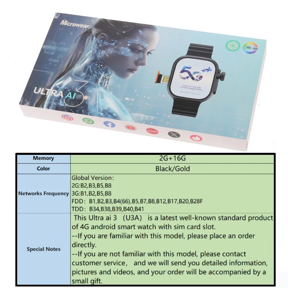 

Microwear Ultra AI 3 Smart Watch Con Android 9 South America Mexico Chile Available 4G Lte Sim Card AI3 U3A Smartwatch for Men