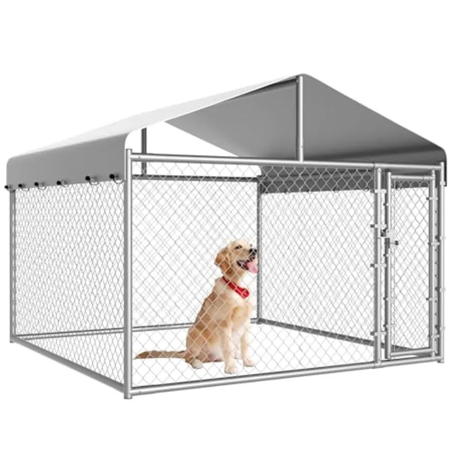 Outdoor Heavy Duty Dog Kennel with Roof and Waterproof Cover Galvanized Chain Link Large Pet Run Enclosure in Black Secure Lock