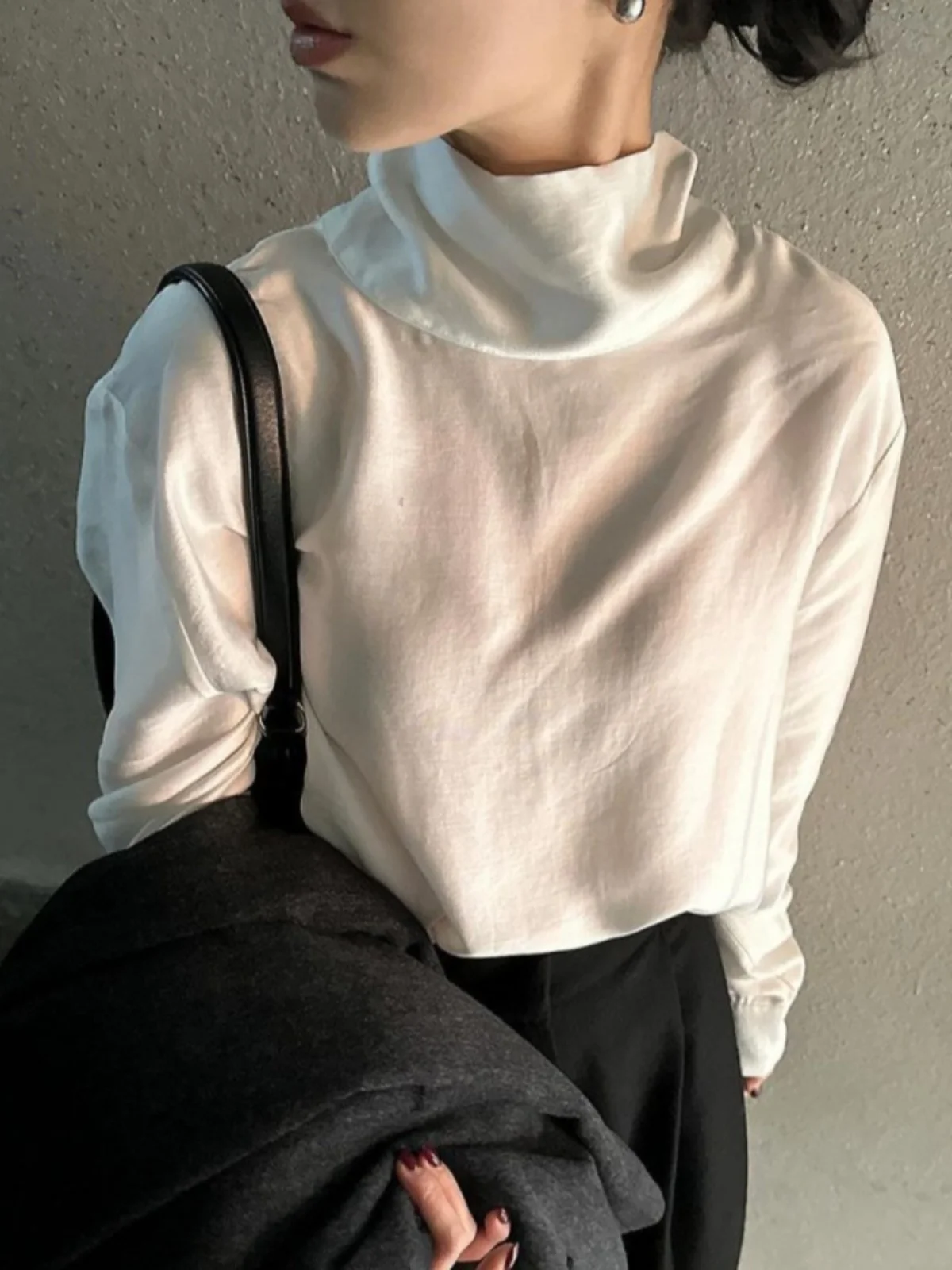 

Ele Long Sve Women's irt Inner Wear Gentle Sa Design Korean Sle Loose Fit Pure Color Commute Faion Autumn Wear