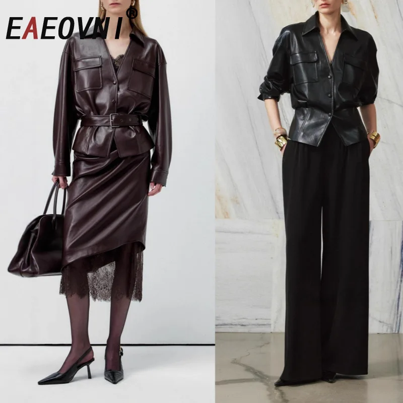 

EAEOVNI Vintage Leather 2 Piece Set Women Elegant Lapel Collar Button Belt Jacket Coat Lace Patchwork Long Skirt Fashion New
