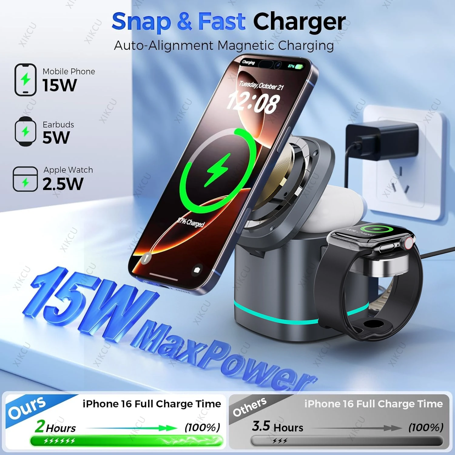 

3 IN 1 Magnetic Wireless Charger Station For Magsafe iPhone 17 16 15 14 13 12 Apple Watch 11 Airpods Pro 15W Fast Charging Stand