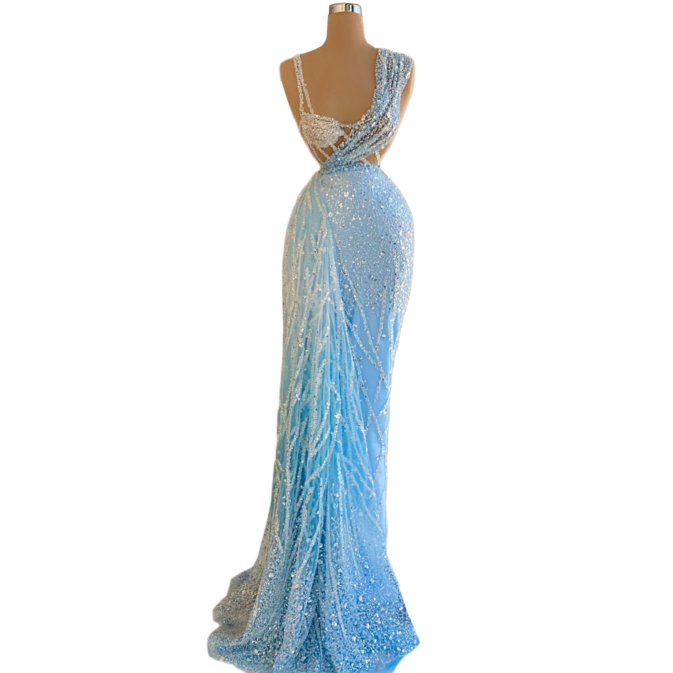 Graceful Sequins Mermaid Evening Dresses Sleeveless Illusion Beaded Prom Gown with Train Party Dress Custom Made