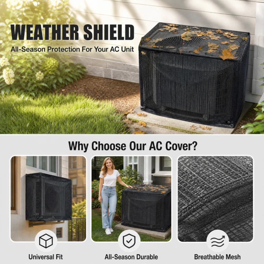 Outdoor AC Cover Universal Fit, PVC Mesh Air Conditioner Cover with Drawstring, Stops Leaves and Debris