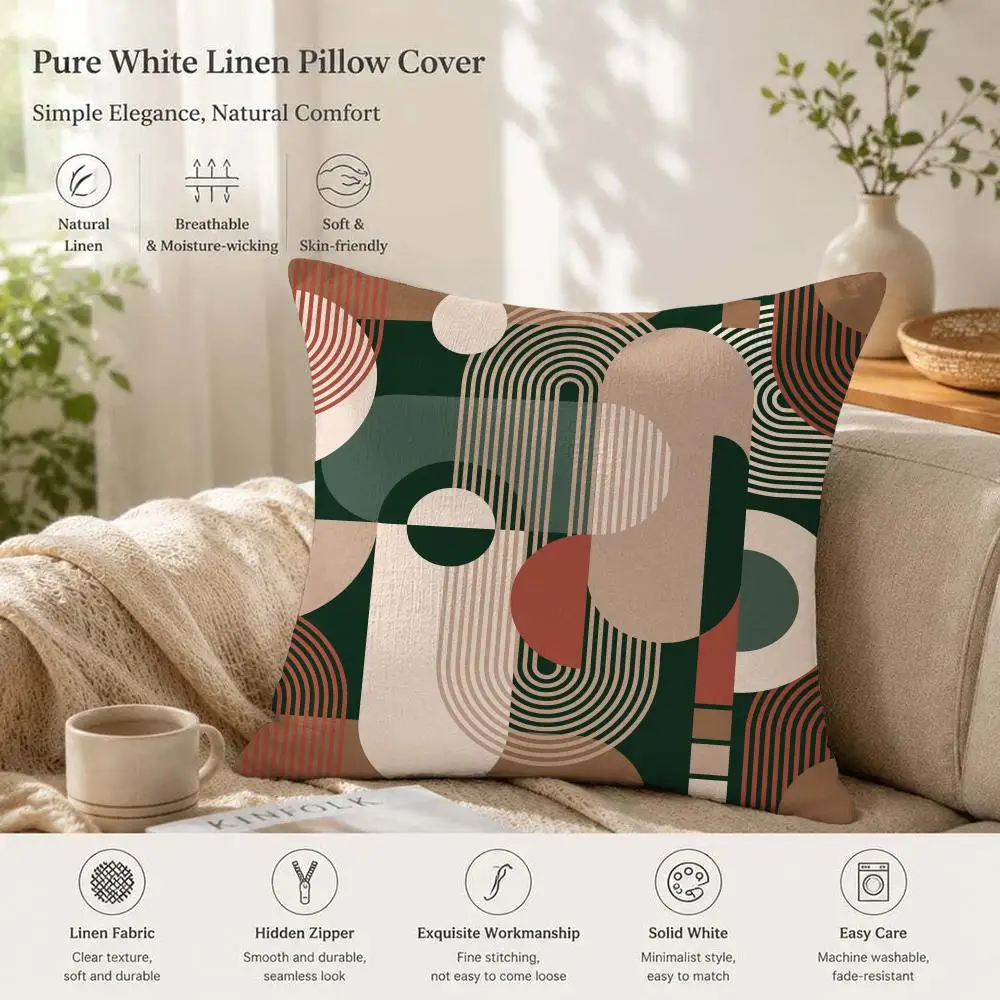 Abstract Mid Century Modern Cushion Cover Natural Linen Pillow Case Organic Fabric Double Sided Print Sofa Home Decor Gift