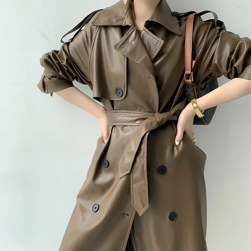 Women Long PU Leather Trench Coat Black Brown Sashes Loose Faux Leather Coats Jacket 2024 New Fashion Clothing Good Quality