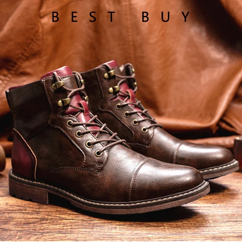 ผู้ชายคลาสสิก Retro หนังรองเท้าผู้ชายแฟชั่นข้อเท้า BOOT Mens LACE-up รองเท้าสั้น High-Top รองเท้าขนาด 38-48