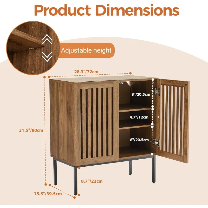 Grille Walnut Buffet Cabinet with Storage, Sideboards 2 Doors with Metal Base and Adjustable Shelf for Kitchen, Coffee Bar