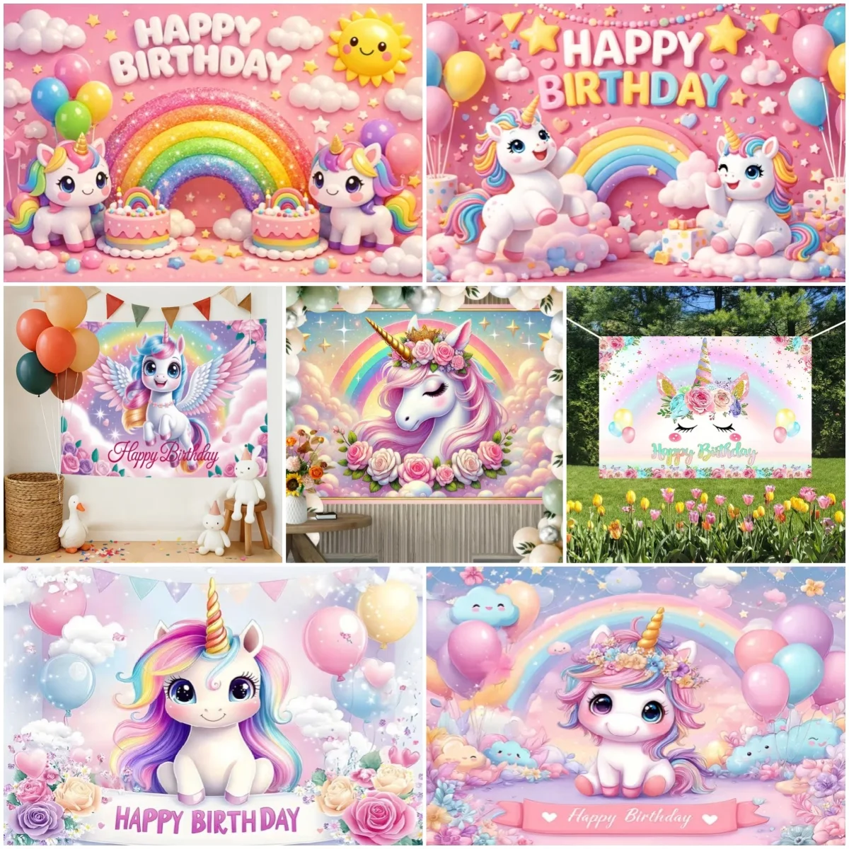 

Cartoon Pink Unicorn Theme Girl Birthday Party Decoration Backdrop Baby Shower Banner Supplies Photo Studio Background Props