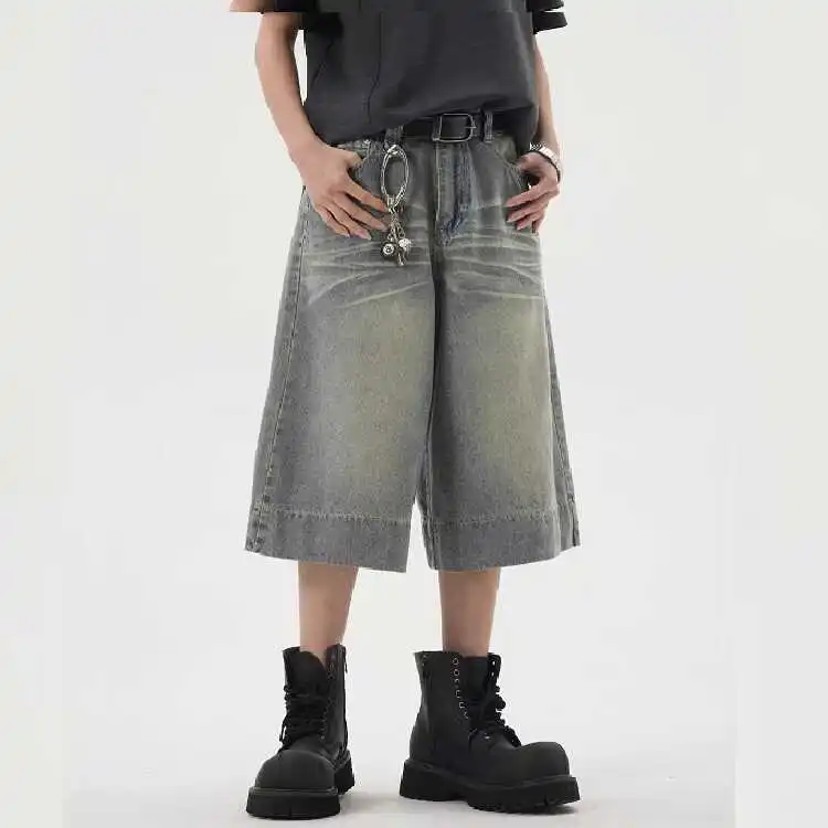 

American Sle Retro Blue Faded Seven-Quarter Denim orts Loose Straight Tube White Waed Eight-Piece Pants for Teens