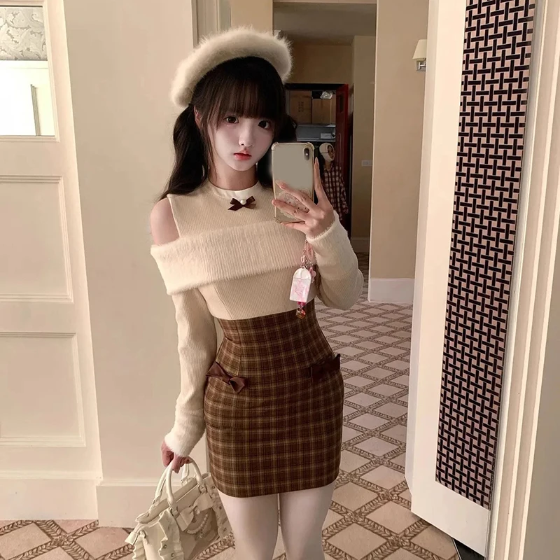 

Japanese Sweet Mini Dress Women Slim Fit Bow Plaid Patchwork Kawaii Dresses Off Shoulder Long Sleeve Casual Cute Preppy Dress