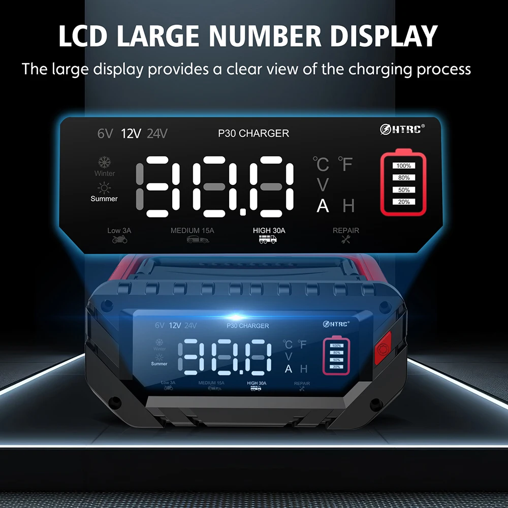 HTRC-Chargeur de batterie de voiture P30, 420W, 6V, 12V, 24V, écran LCD, charge rapide pour voitures, SUV, réparation de moto, mainteneur de moteur