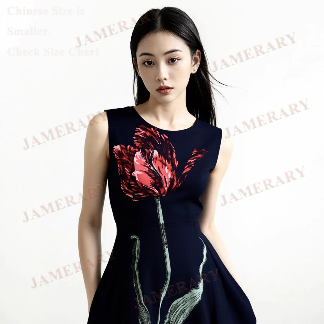 Wysokiej jakości letnie i jesienne sukienki damskie w kwiaty, bez rękawów, typu kamizelka, plisowane, z nadrukiem, eleganckie sukienki wieczorowe na studniówkę, czarne, markowe.