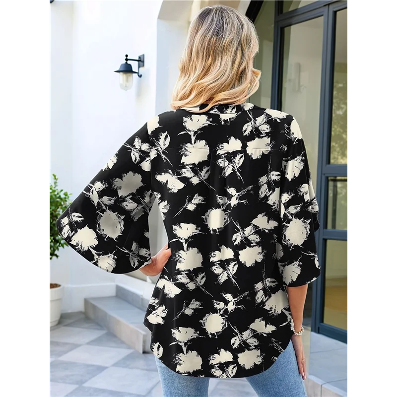 

AG-3/4 Length Sleeve Women's Tops Loose V-Neck Petal Chiffon Print Shirt Business Work Blouses