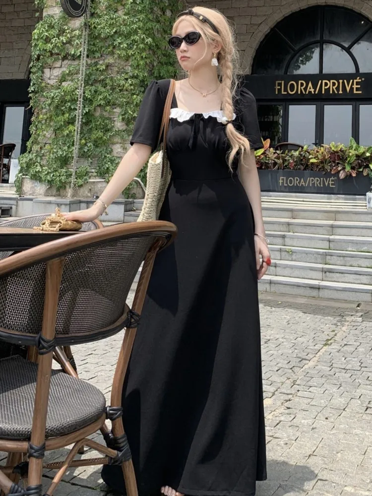 Women Summer Black Midi Dress Elegant French Style Slim Half Sleeve Square Collar Lace Up Clothes Evening Holiday Party Vestidos