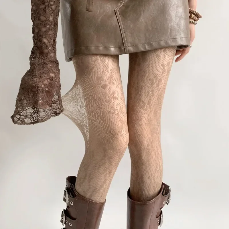 جديد القهوة الأزهار شبكة صيد السمك الجوارب المرأة مثير النايلون الجوف شبكة جوارب طويلة النمط الياباني ACGN JK الحلو لوليتا جوارب شبكية