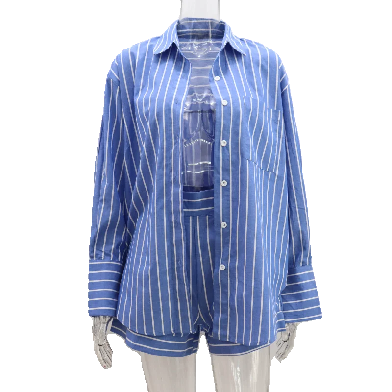 

Summer New Stripe Cotton Casual irt And orts Two-Piece Set Women's Faion Pure Cotton Loose Fit irt ort Set