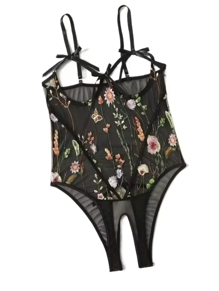 

Women Erotic Western Style Black Mesh Sensual Printed Side Slit See Through Alluring Charming Breathable Premium Erotic Bodysuit
