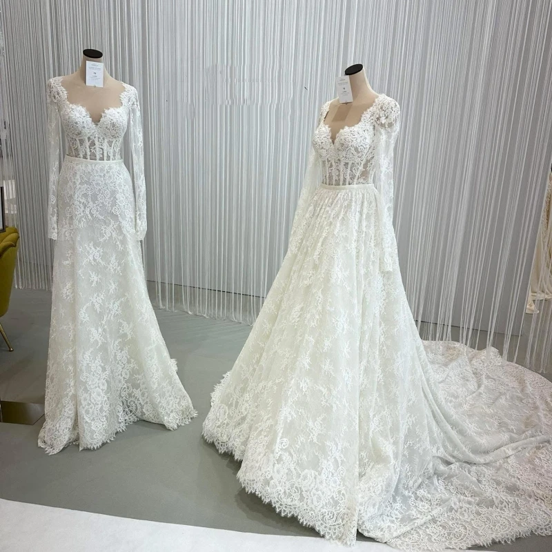 

Индивидуальное роскошное свадебное платье-баллон с винтажным кружевом, V-образным вырезом, длинными рукавами и съемным шлейфом 2-в-1. Платье для невесты. Vestidos De Novia.