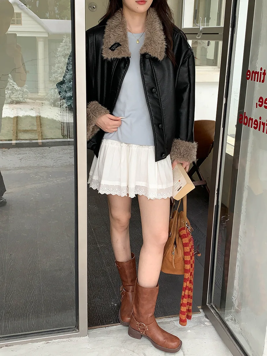 سترة نسائية من جلد البولي يوريثان ريترو شتاء 2025 معطف كاجوال بأكمام طويلة ملابس خارجية كلاسيكية أنيقة