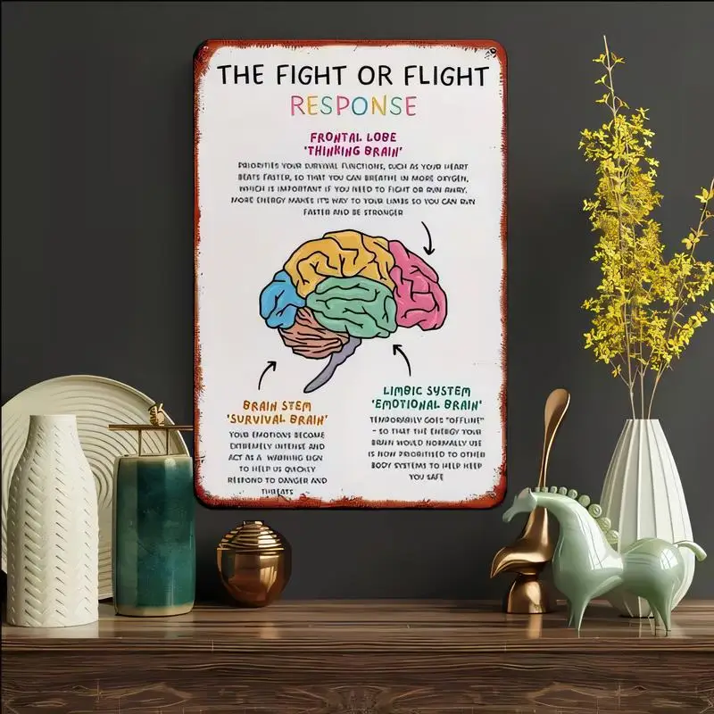 Vintage The Fight or Flight Response Brain Diagram Metal Tin Sign - Colorful Educational Wall Art, Iron Decor for Home/Office/Cl