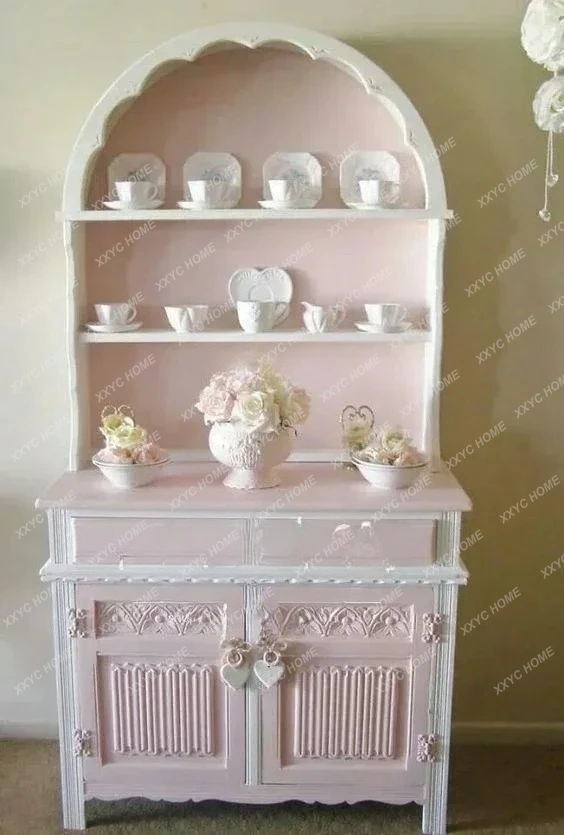 A American French solid wood carving flower bookcase dining side cabinet locker pastoral pink princess cabinet