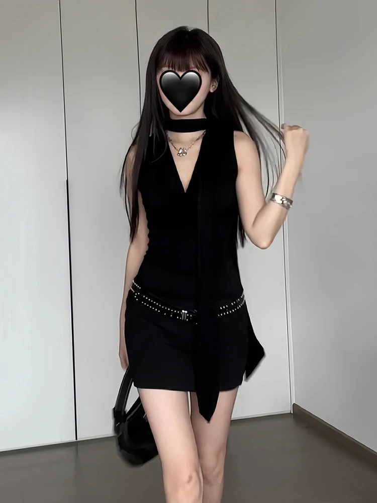 ReddaChic Women Sexy Black Modal Tank Dress Solid Scarf Cowl Neck Sleeveless Stretchy Bodycon Mini Dress Sexy Night Clubwear