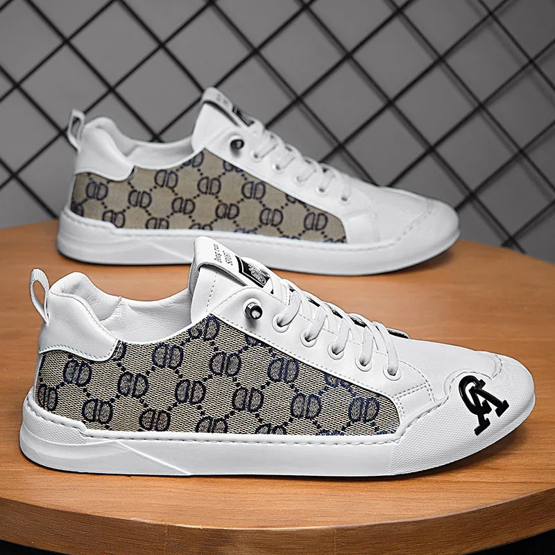 Baskets à imprimé blanc urbain pour hommes, chaussures décontractées pour hommes, chaussures de skateboard plates, marque de luxe, compagnon canisé,