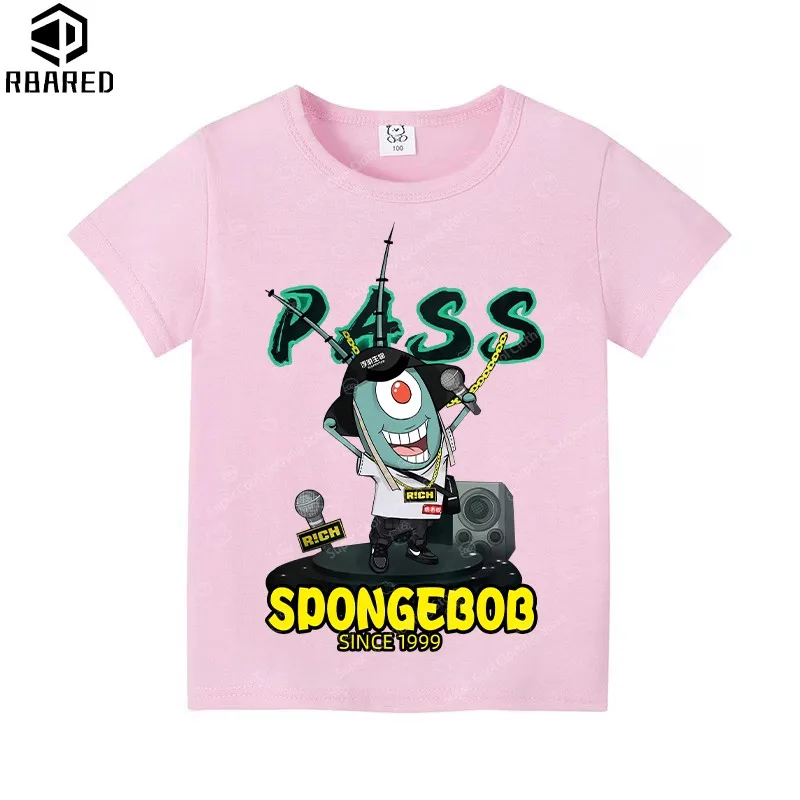 Spongebob Sheldon J. Plankton 100% Cotton Child -shir T Shirt 2024 Kids Spring Clothes Stich Pokémon Stitch Baby Summer Clothes