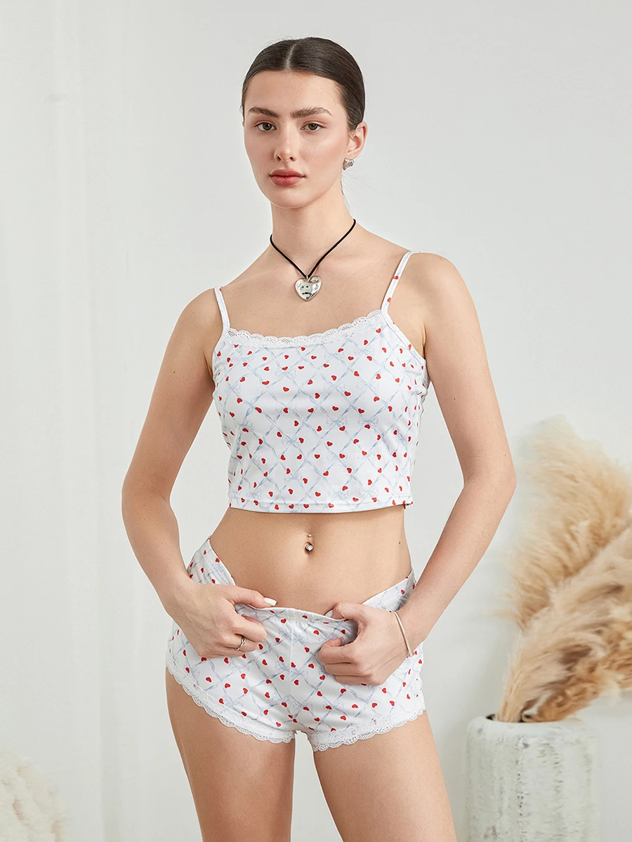 

Women 2 Pieces Pajamas Set Bowknot Heart Print Camisoles Tank Tops and Elastic Waist Shorts Sleepwear Lounge Sets