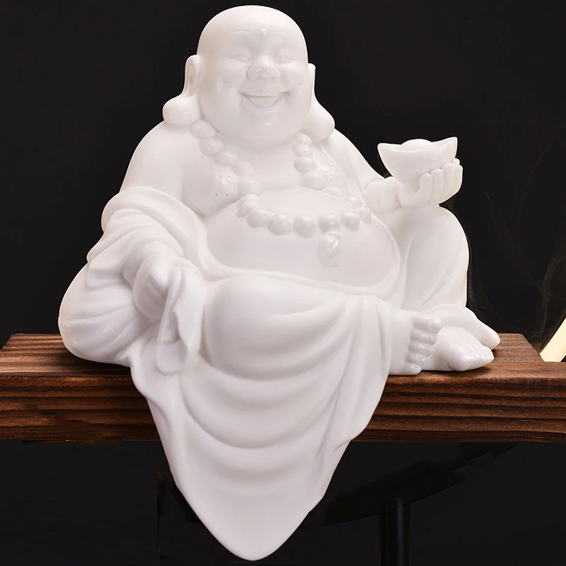 White Statue Ornament, Ceramic Large Laughing Buddha Wealth And Worship, Porcelain Gift For