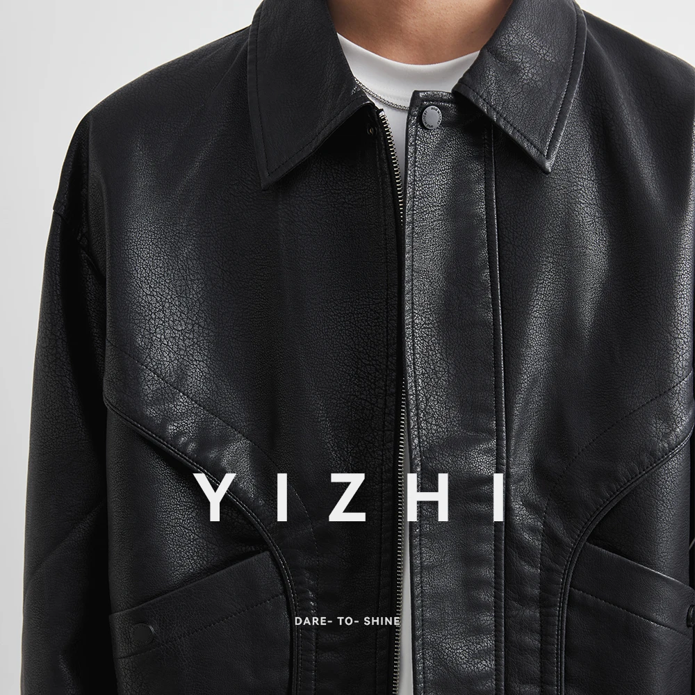 Vestes en cuir PU pour hommes, tendance, classique, couleur unie, jambe droite, décontractée, revers, manteaux sociaux polyvalents, hauts Streetwear