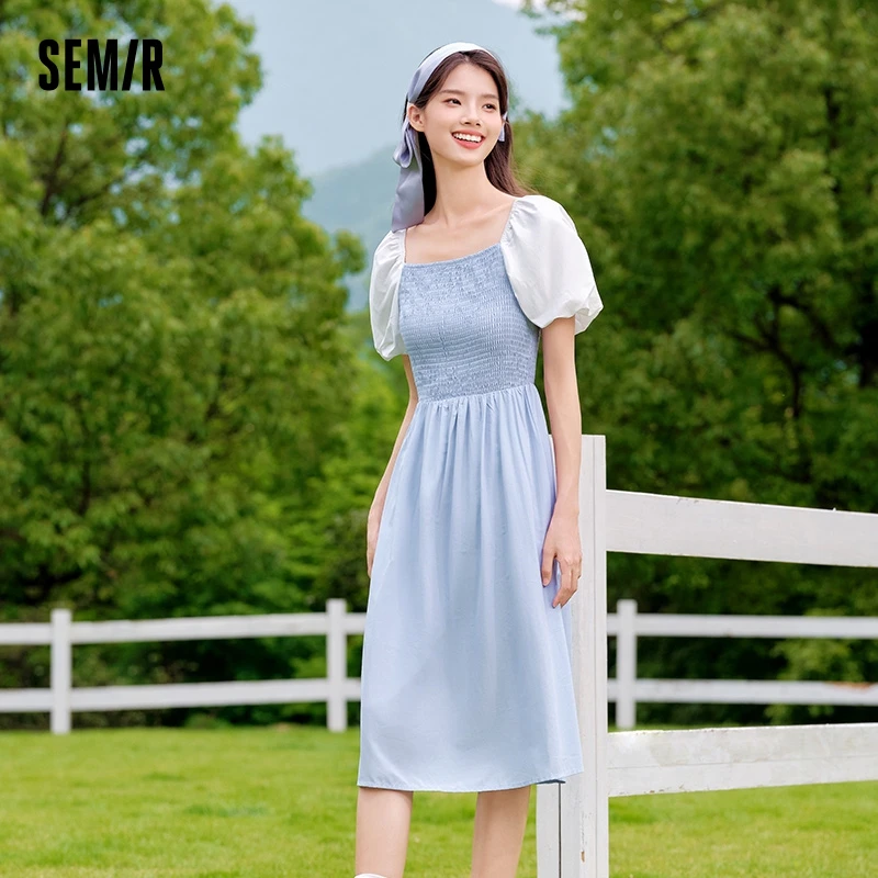 Semir Dress Women Color-Blocking Puff Sleeves Sweet and Elegant Temperament Autumn Hepburn Style Tight Retro Skirt