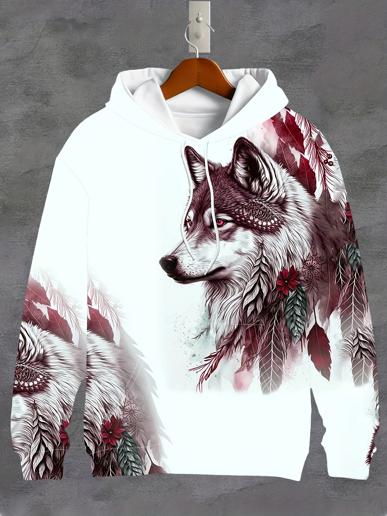 

Men's Retro Style Wolf And Feather Pattern Hooded Sweatshirt With Drawstring And Kangaroo Pocket, Sports Hoodie For Fall