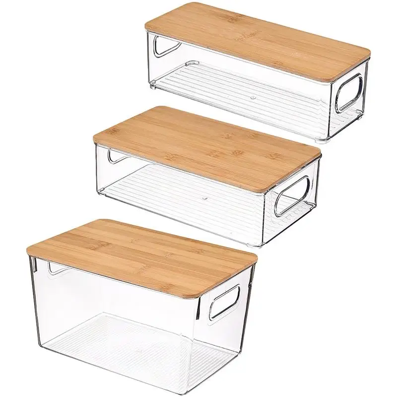 

Clear Kitchen Organizer Bins With Wooden Lid Kitchen Storage Box Multifunction Stackable Jewelry Storage Box For Stationery