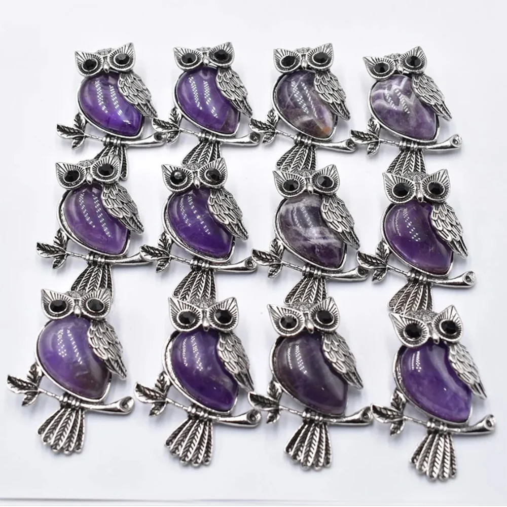 Fashion Vintage copper Plated Owl cute natural tiger eye stone onyx opal pendants for jewelry making wholesale 12pcs/lot free