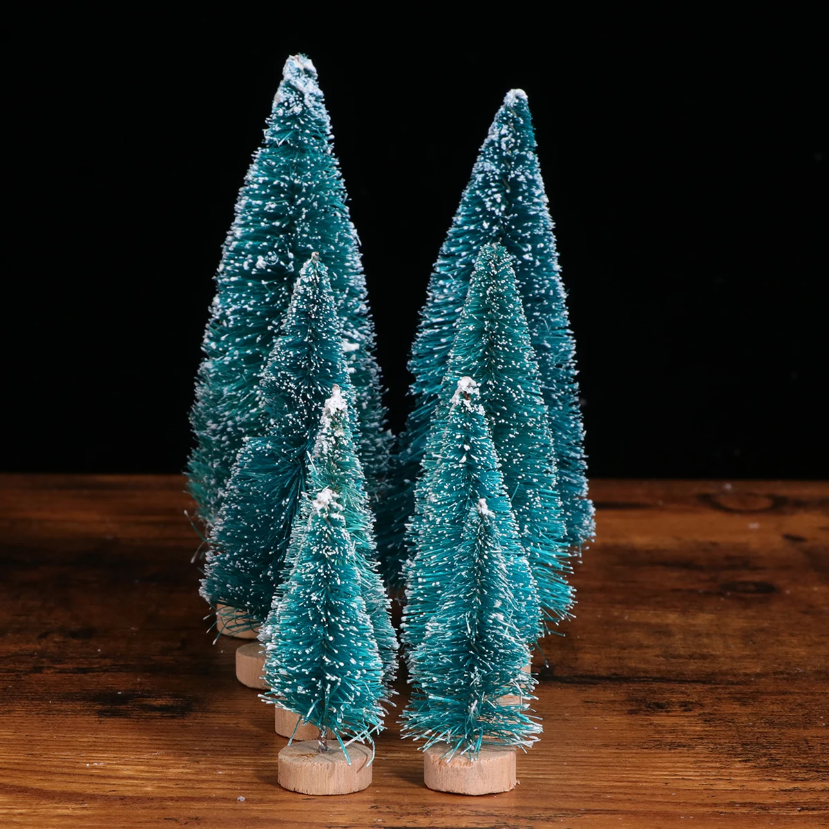 

12pcs Mini Christmas Tree Ornaments Artificial Sisal Decorations Frosted Desk Trees Holiday Tabletop Crafts Wooden Base