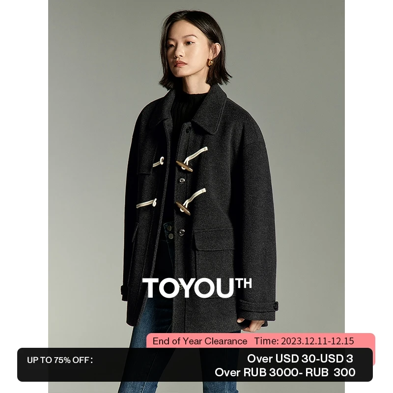 Toyouth Women Thickened Woolen Coat 2024 Winter Long Sleeve Polo Neck Loose Jacket Cow Horn Buckle Fashion Warm Outwear Clothes