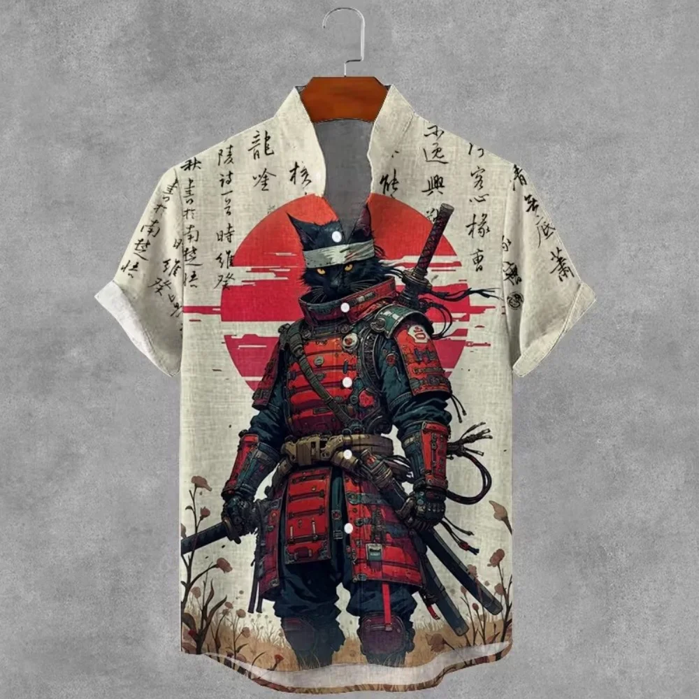 

Chinese Character Writing Red Sun Warrior Cat Printed Men's Stand up Collar Button Shirt Daily Travel Beach Casual Shirt