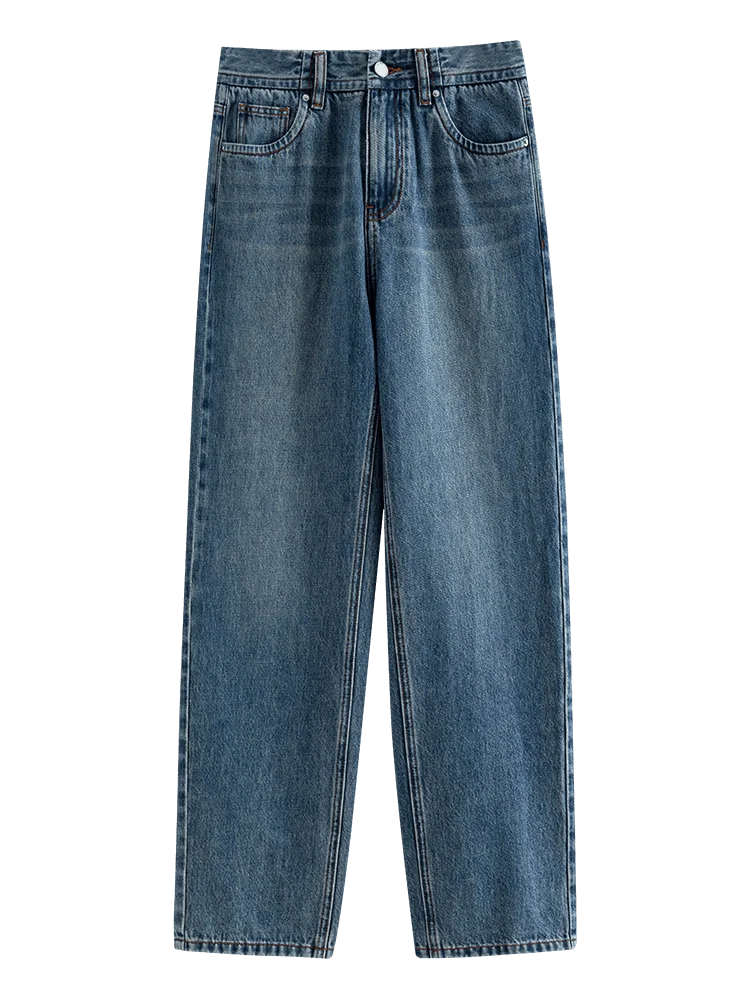 FSLE 100% algodón Casual todo fósforo mujeres recortadas Jeans primavera nueva cintura alta pierna recta Denim pantalones azules 24FS11298