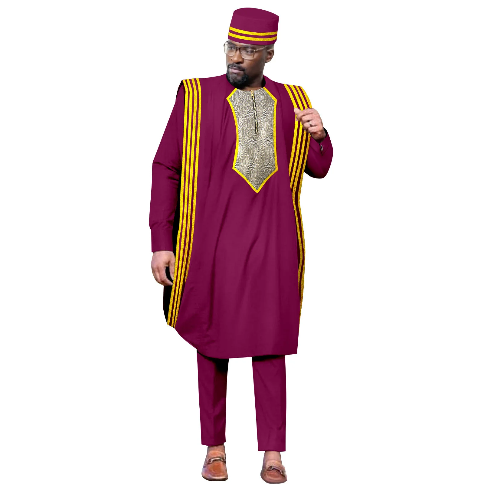 Good African Clothes for Men Dashiki Tradition Outfit Robe Embroidery Red Tops Pants Suits Bazin Muslim Wedding Party Clothing