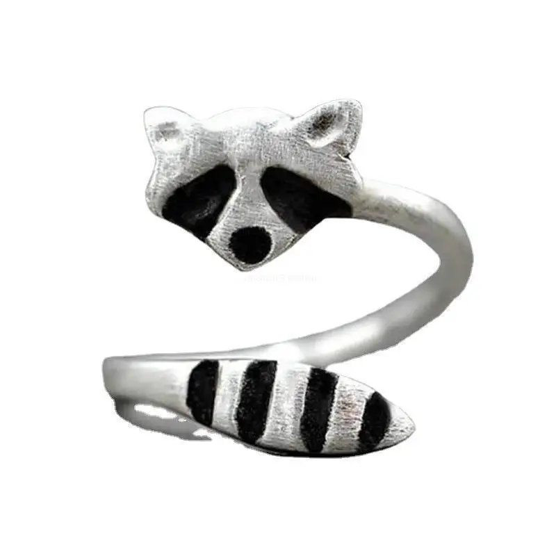 Fashion Creative Silver Color Raccoon Female Ring Cute Animal Opening Rings for Women Party Adjustable Jewelry Anillos Gifts
