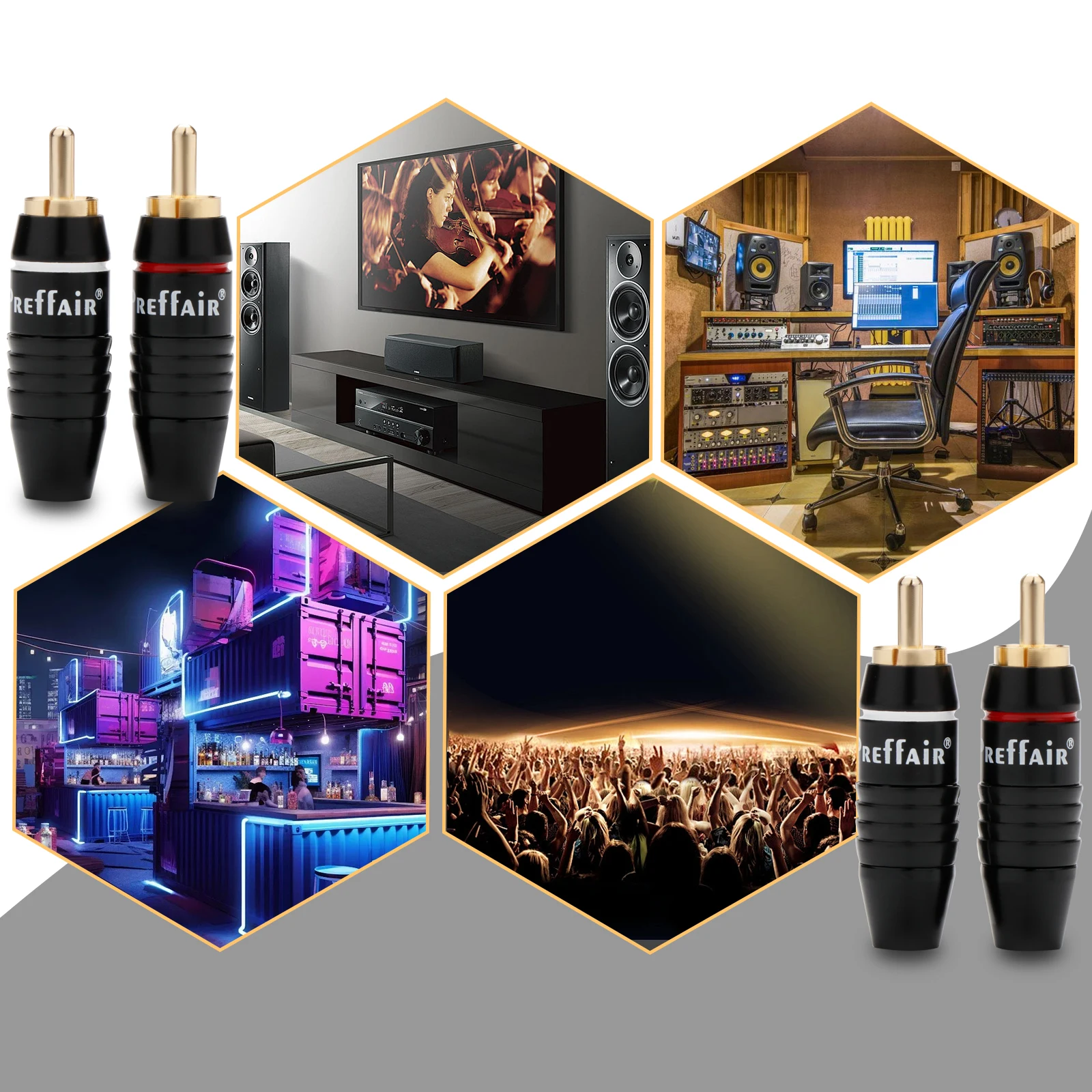 Preffair ขั้วต่อ RCA ชุบทอง4ชิ้นปลั๊ก RCA ตัวผู้ตัวเชื่อมต่อ RCA แบบบัดกรีเหมาะสำหรับสายออดิโอ6มม.