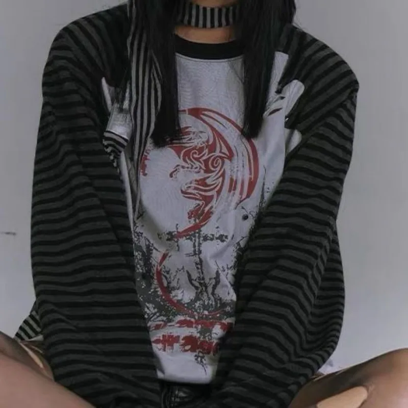 المرأة Y2K Harajuku مخطط كم طويل تي شيرت خمر أنيمي طباعة تصميم تيز أوائل الخريف بلوزات على الموضة غير رسمية الشارع الشهير جديد