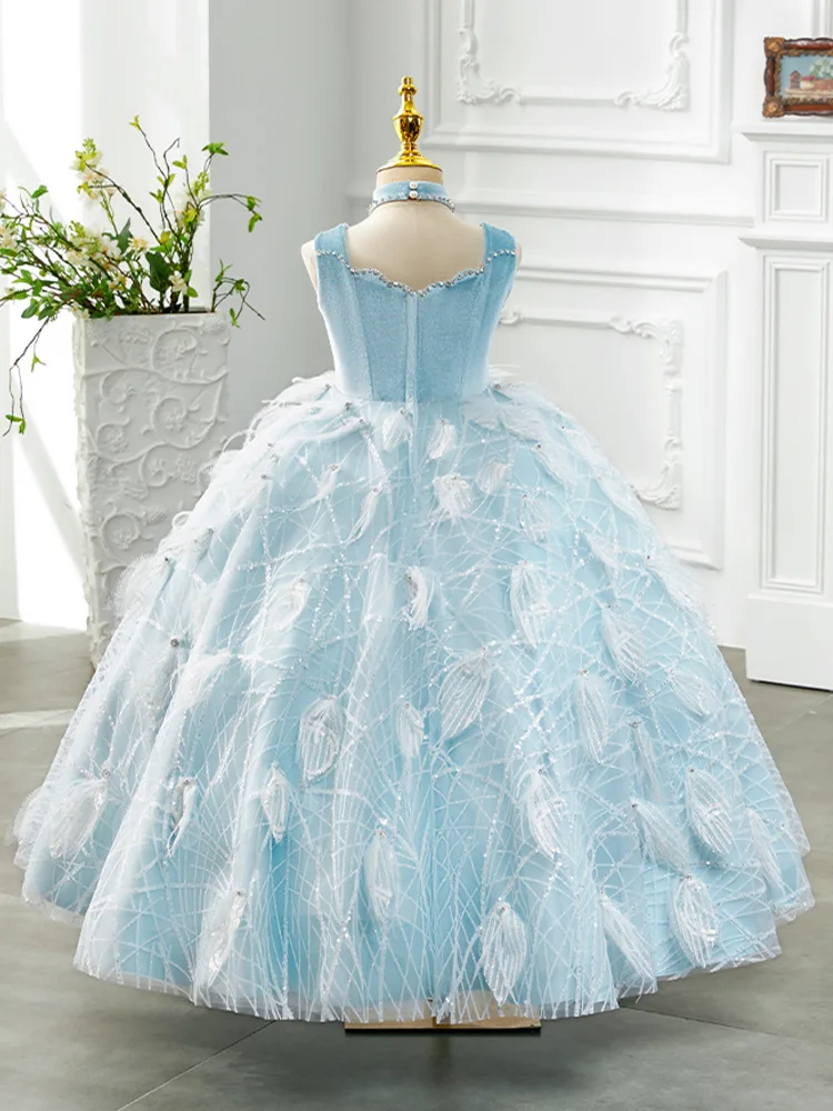 Robe de Princesse de Luxe Bleu Glacé pour ixd'Anniversaire de Fille, Tenue de Bal avec Bijoux, Costume de Concours pour Enfants