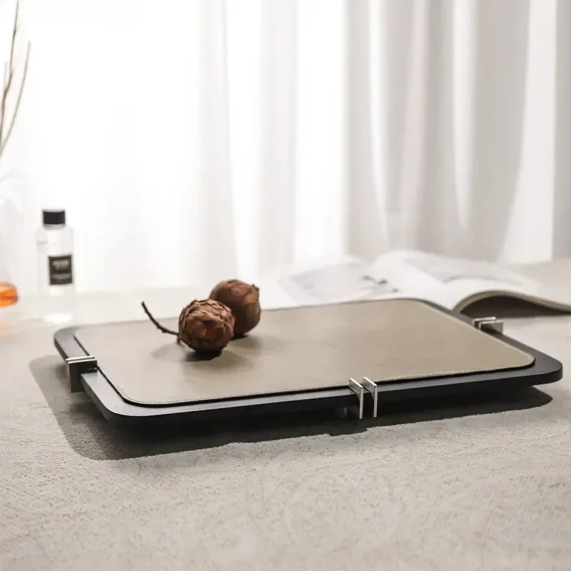 Wabi-sabi black solid wood tray high-grade horsehair leather metal trays decorative living room coffee table storage tray