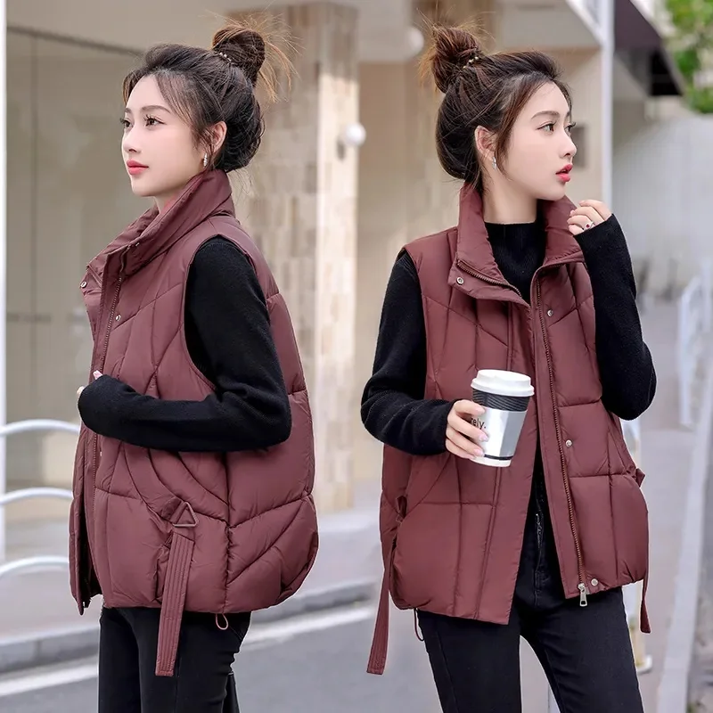 

Korean Women Stand Collar Parkas Vest Outwear Winter Female Puffer Waistcoat Jacket 2024 Lady New Cotton Padded Sleeveless Coat